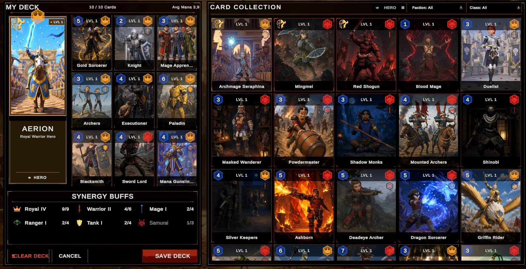 Riftborn deck builder and card collection screen